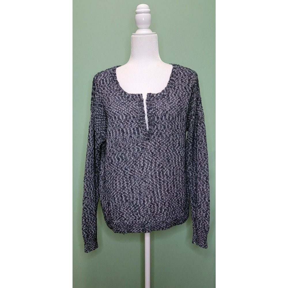 ATHLETA womens size L Weekend Blue Metallic Knit Deep V neck Sweater